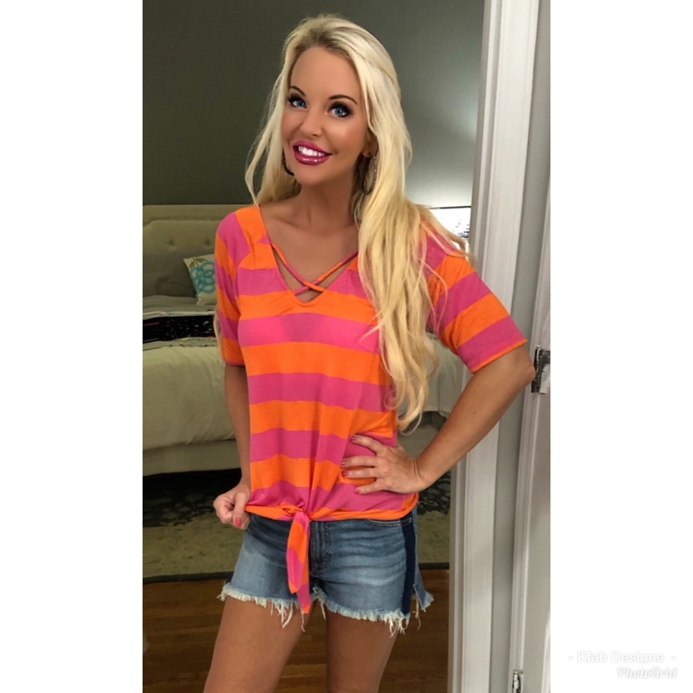 🛍LAST 1! Pink/Orange Striped Knot Front Tunic! - Picture 4 of 6